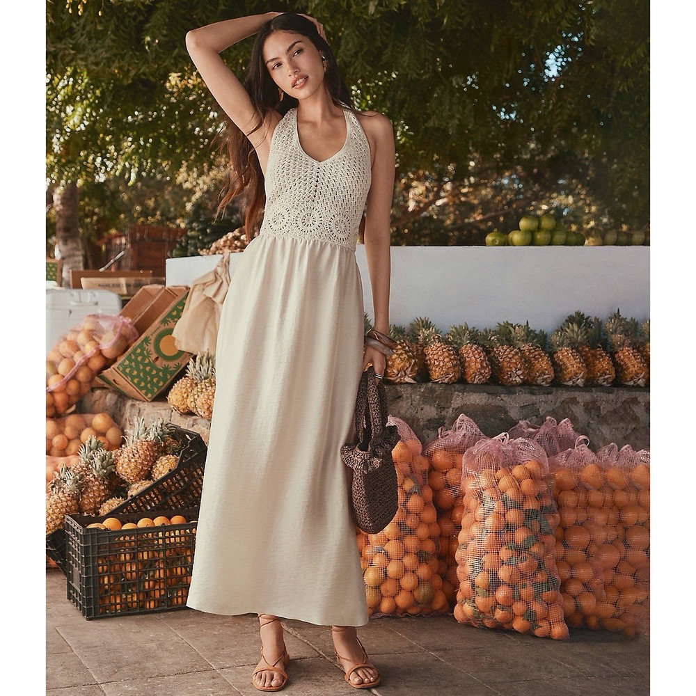 Loft‎ Crochet Halter Midi Beige Dress 6